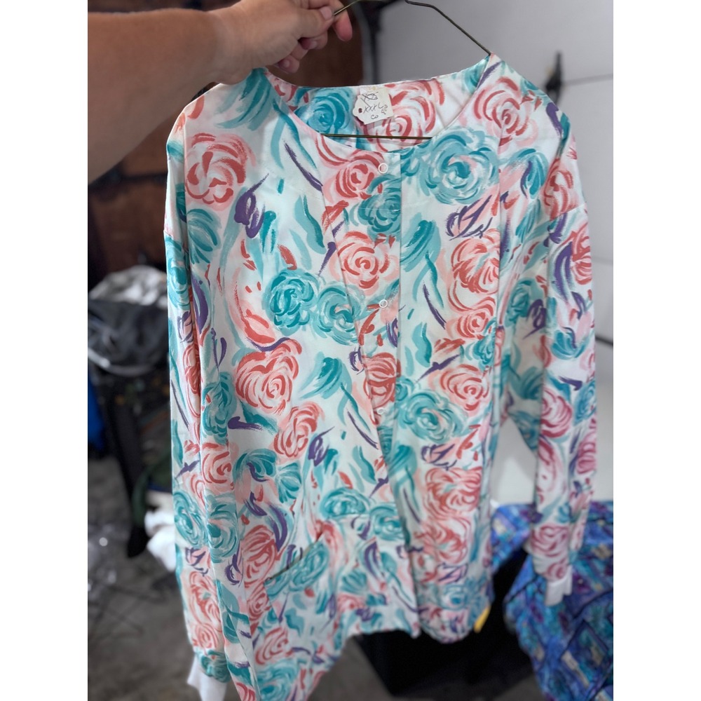 Vintage Floral Print Scrub Top Long Sleeve Snap Front Rose Pattern Teal Peach L - Picture 2 of 2